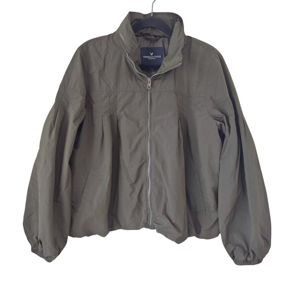 American Eagle Lightweight Bomber Jacket Hidden Hood Y2K Olive Green Women's L - Picture 1 of 8